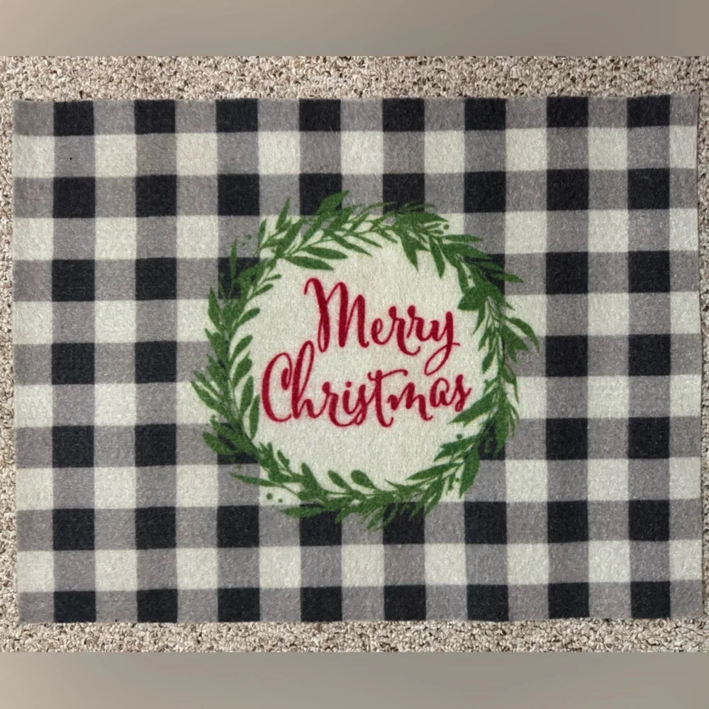 NWOT Merry Christmas Black White Buffalo Plaid Holiday Mat Wreath Home Decor